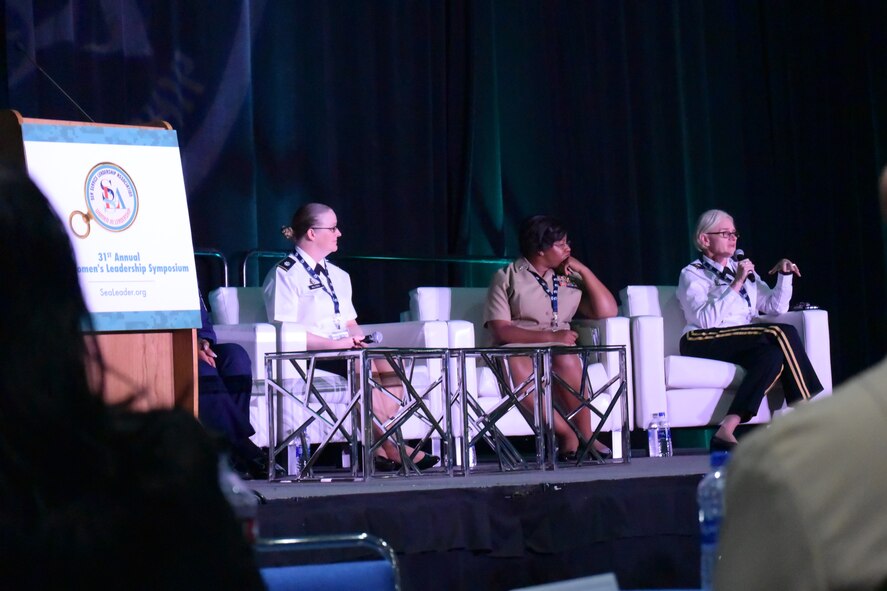 Panel members speak at the 2018 Joint Women's Leadership Symposium June 21, 2018, in San Diego, Calif. This year’s theme “The Power Within You” featured practical workshops, joint discussion boards, an international speakers panel and service specific breakout sessions intended to promote personal and professional development. (U.S. Air Force photo by 1st Lt. Annabel Monroe)