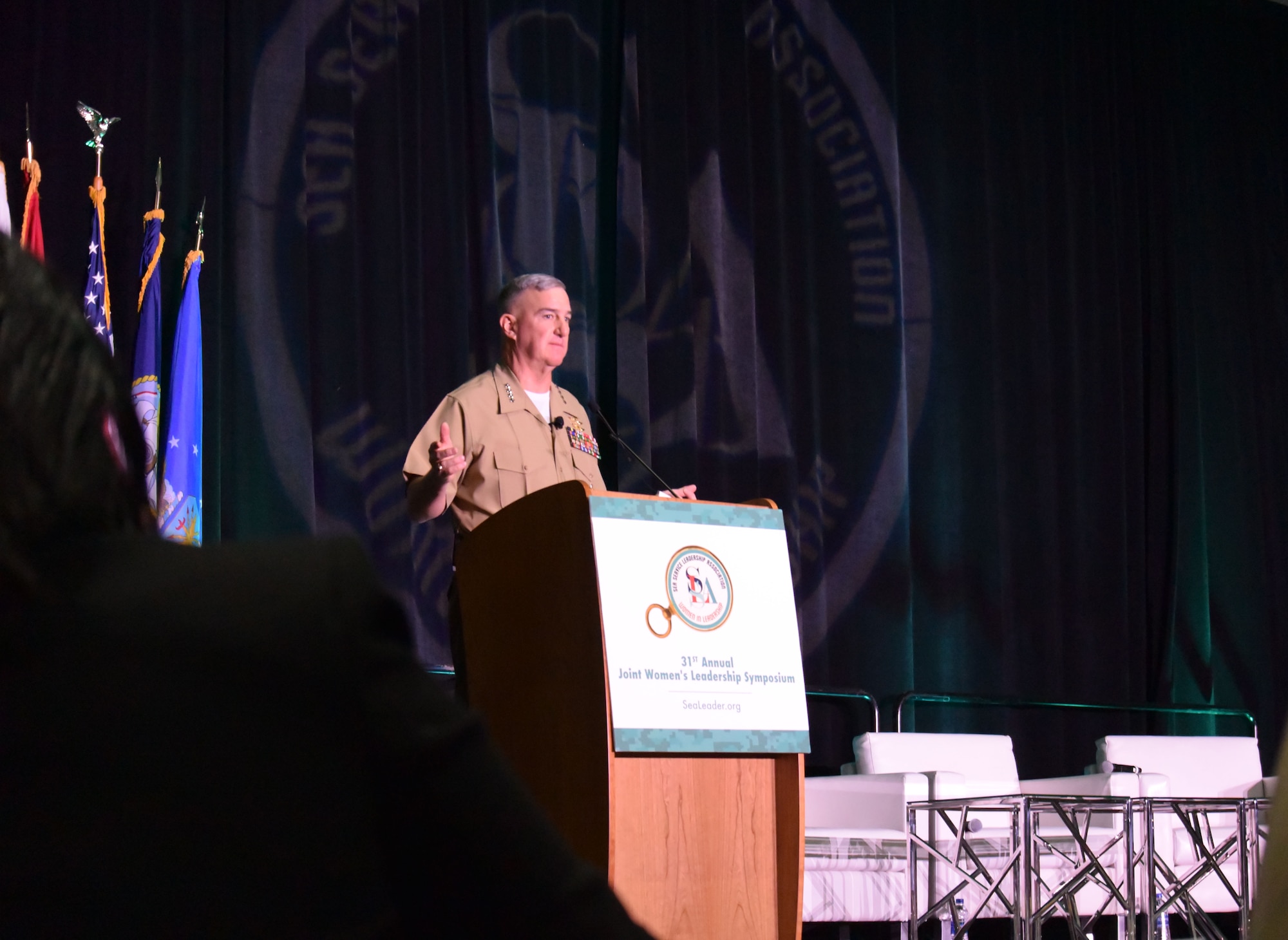 The Assistant Commandant of the Marine Corps, Gen. Glenn M. Walters, addresses attendees at the 2018 Joint Women's Leadership Symposium June 21, 2018, in San Diego, Calif. The JWLS included attendees from the U.S. Air Force, Army, Navy, Marine Corps, and Coast Guard and 20 other countries. (U.S. Air Force photo by 1st Lt. Annabel Monroe)