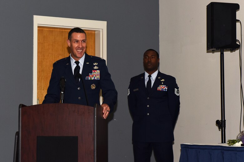 U.S. Air Force Col. Jason Beck, 17th Mission Support Group commander, speaks during the 17th Contracting Squadron Change of Command ceremony at the Event Center on Goodfellow Air Force Base, Texas, June 25, 2018. Beck thanked Lt. Col. John Travieso, 17th CONS outgoing commander, and welcomed Maj. Michael Quinn, 17th CONS incoming commander, who is coming to Goodfellow from the Pentagon. (U.S. Air Force photo by Airman 1st Class Zachary Chapman/Released)