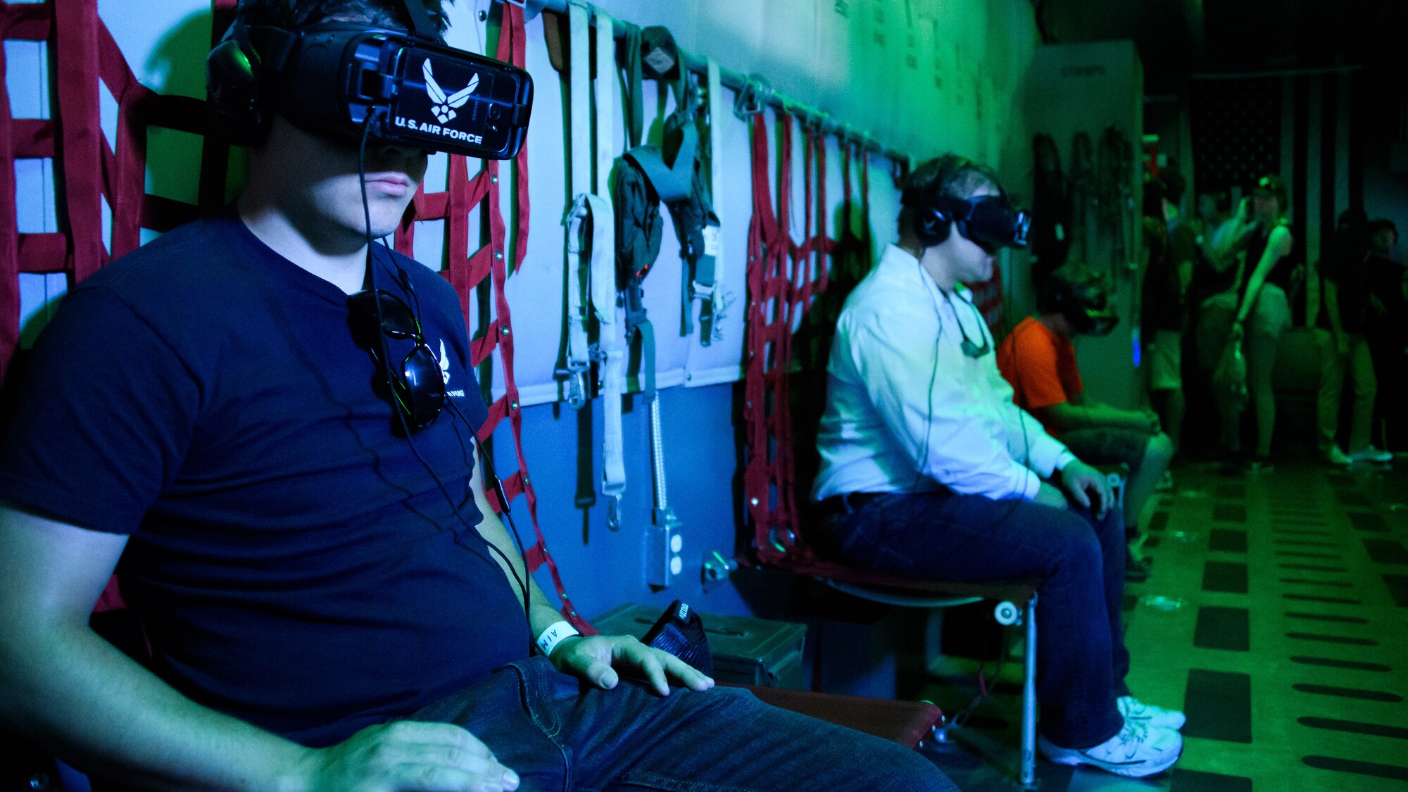 Visitors at 'The Air Force Special Ops Air Command Experience' exhibit experience a virtual reality high-altitude, low-opening jump during the Warriors Over the Wasatch Air and Space Show on June 23, 2018, at Hill Air Force Base, Utah. Air Force recruiters from the 368th Recruiting Squadron were on hand to assist the next generation of Airmen learn about over 140 Air Force careers fields. (U.S. Air Force photo by R. Nial Bradshaw)