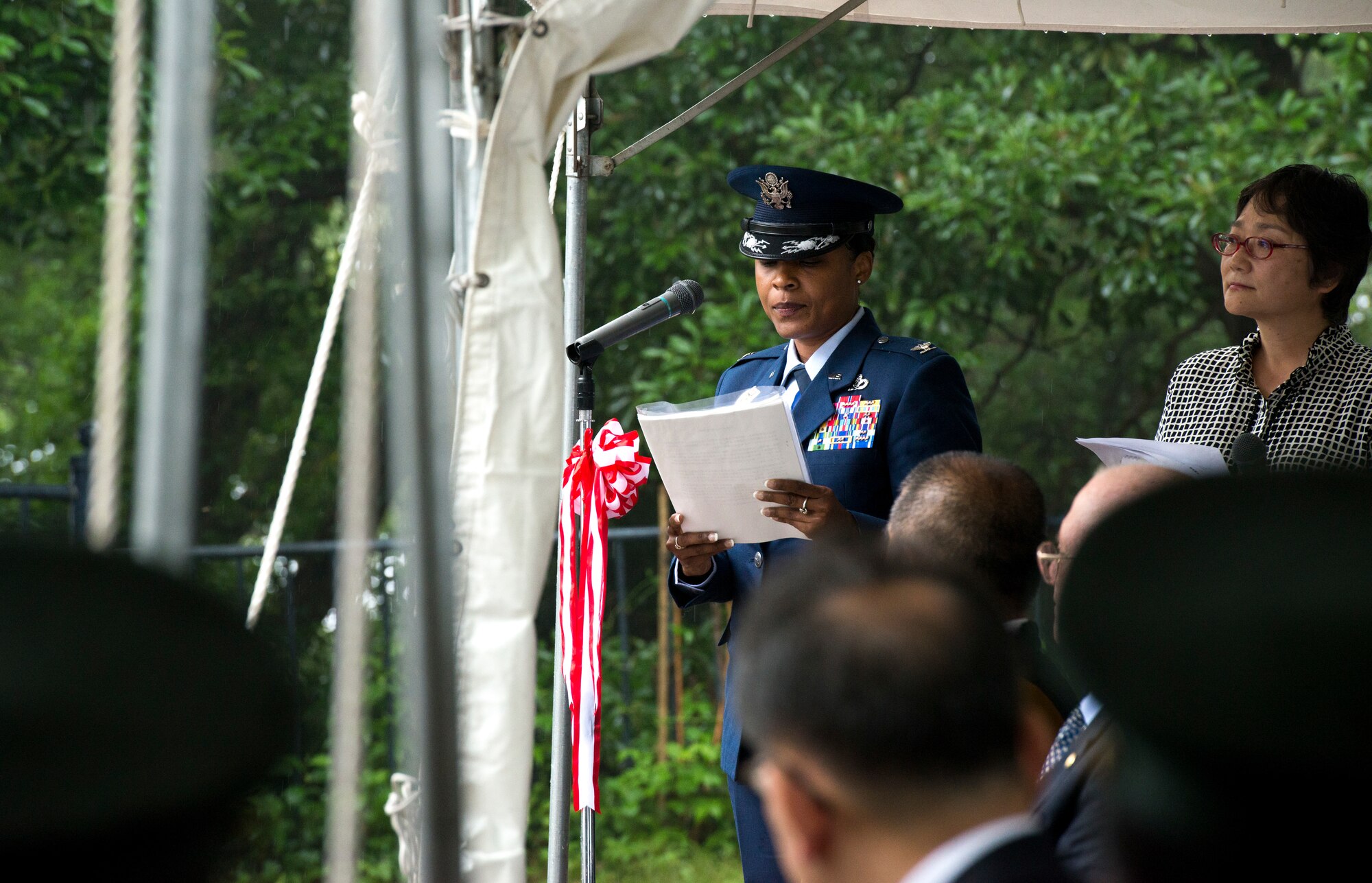U.S. Air Force Col. Tanya J. Anderson, 374th Mission Support Group commander, speaks during the B-29 Memorial Ceremony
