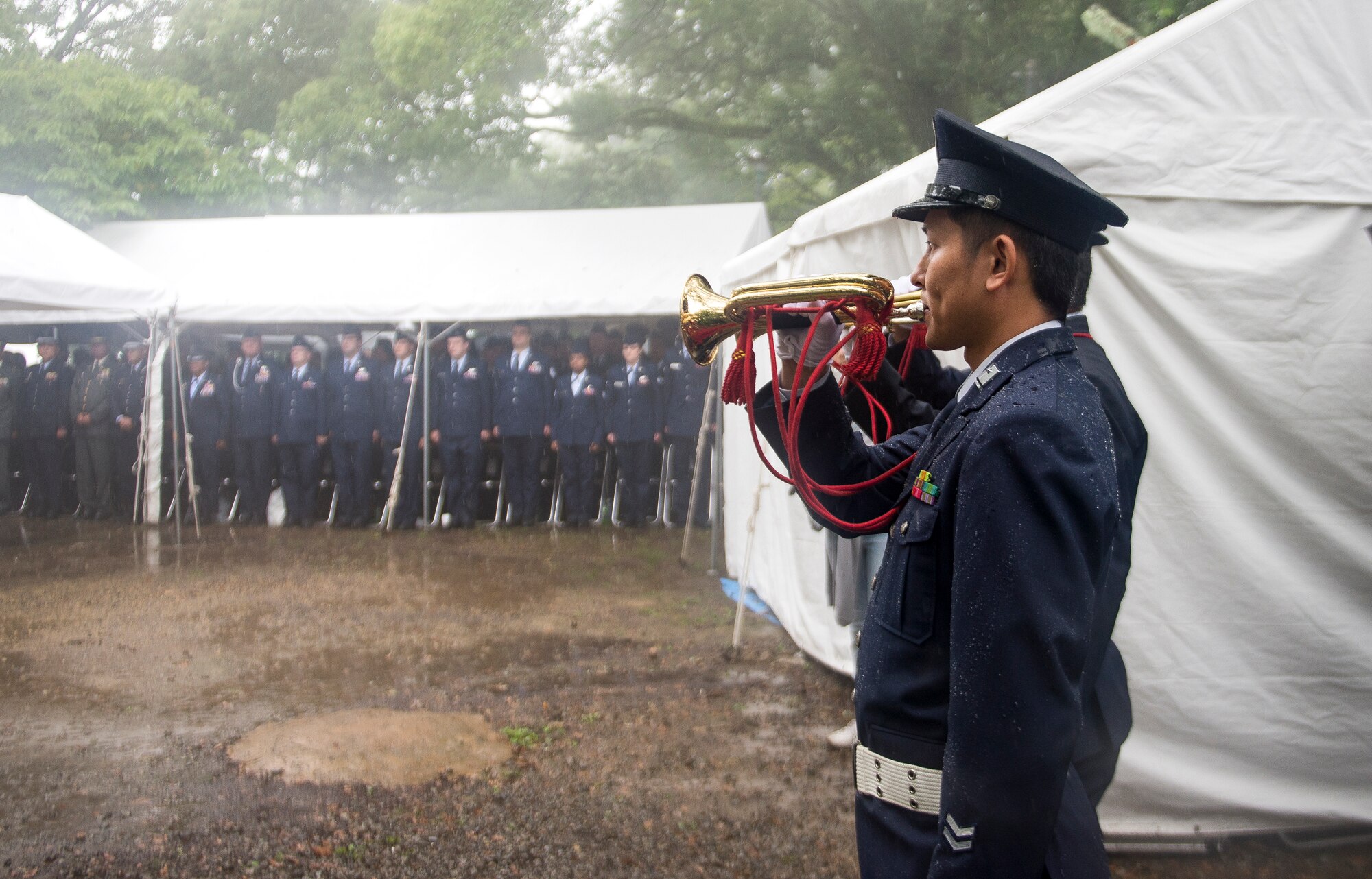 Japanese military officers play the trumpet