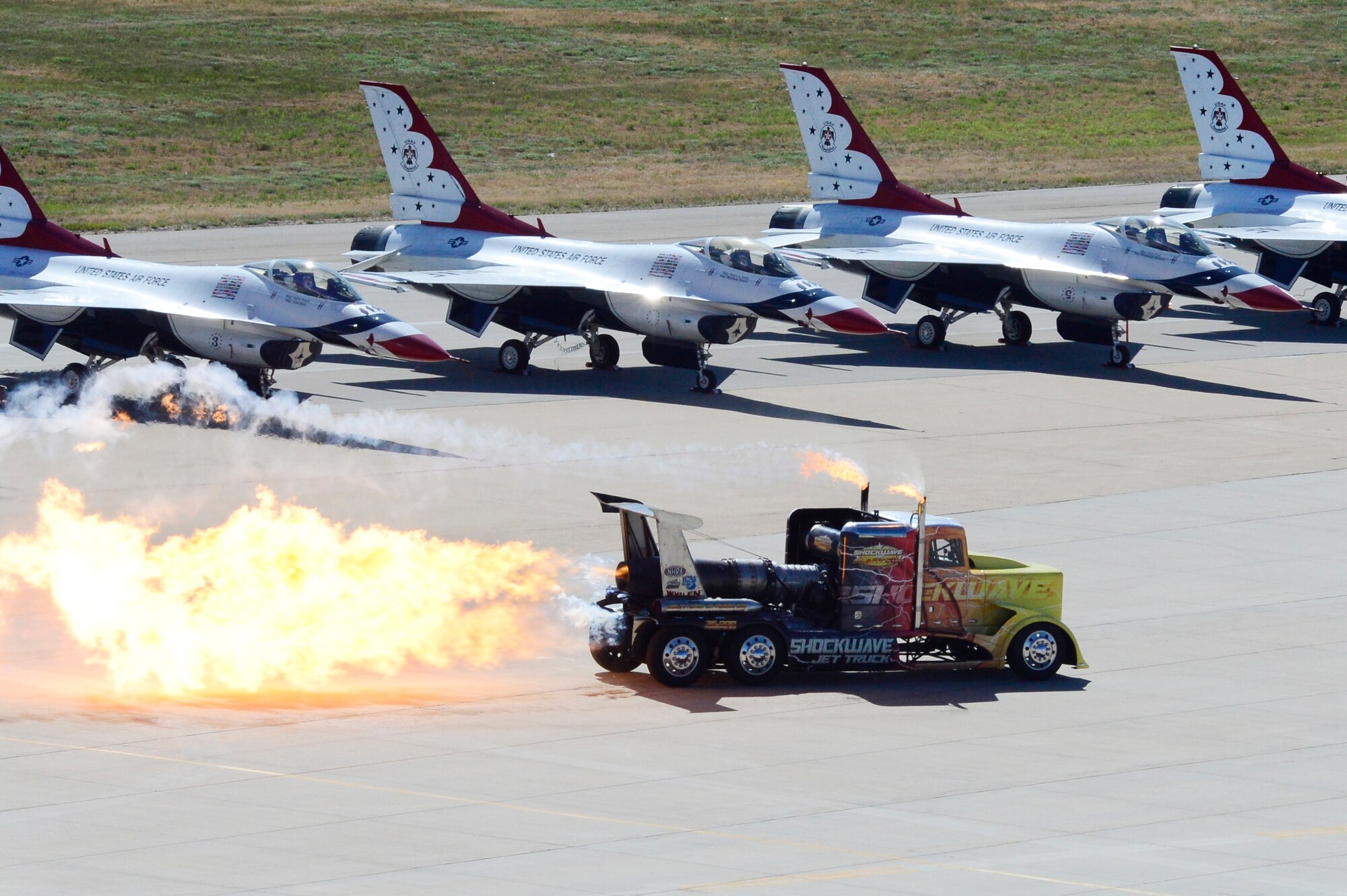 ShockWave, a jet-powered truck, fires up its engine during the Warriors Over the Wasatch Air and Space Show June 23, 2018, at Hill Air Force Base, Utah. The three jet engines attached to the truck come from a U.S. Navy T-2 Buckeye and produce 21,000 pounds of thrust that can propel it to speeds over 350 miles per hour. (U.S. Air Force photo by David Perry)