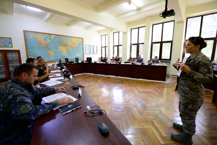 Master Sgt. Zita Walters, Senior Noncommissioned Officer Academy instructor, leads classroom discussion during the first-ever senior NCO mobile education course June 8 to 22, 2018, at Boboc Air Base, in Buzău, Romania. The SNCOA mobile training team partnered with the Inter-European Air Forces Academy to provide a two-week course, condensed from the full five-week course held at Maxwell Air Force Base- Gunter Annex, Alabama. (U.S. Air Force photo by Tech. Sgt. Staci Kasischke)