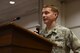 INCIRLIK AIR BASE, Turkey -- U.S. Air Force Maj. Joseph Barnum, incoming 39th Comptroller Squadron commander, gives his welcoming speech during a change of command ceremony at Incirlik Air Base, Turkey, June 21, 2018.