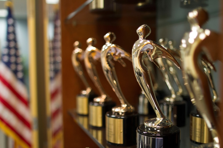 Telly Awards are displayed in the Center of Excellence for Medical Multimedia's (CEMM) U.S. Air Force Academy office, June 19, 2018. In the 22 years since its inception, the CEMM has won 94 national awards for excellence in multimedia. (Courtesy photo)