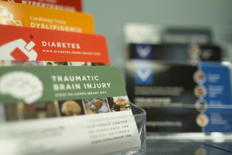 Web cards, which direct Airmen to online resources, are displayed in the Center of Excellence for Medical Multimedia's (CEMM) U.S. Air Force Academy office, June 19, 2018. The CEMM offers more than 20 medical programs, in addition to dozens of leadership and airman training videos, public service announcements, and promotional videos. (Courtesy photo)