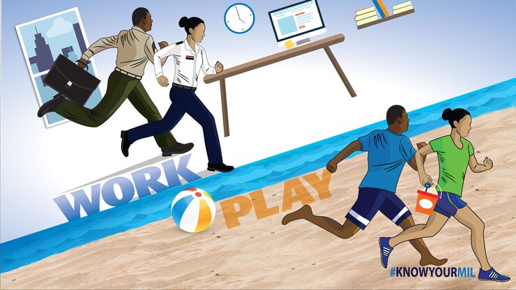 This Is Your Military graphic  showing a man and a woman running in uniform at the office and in civilian clothes on a beach.