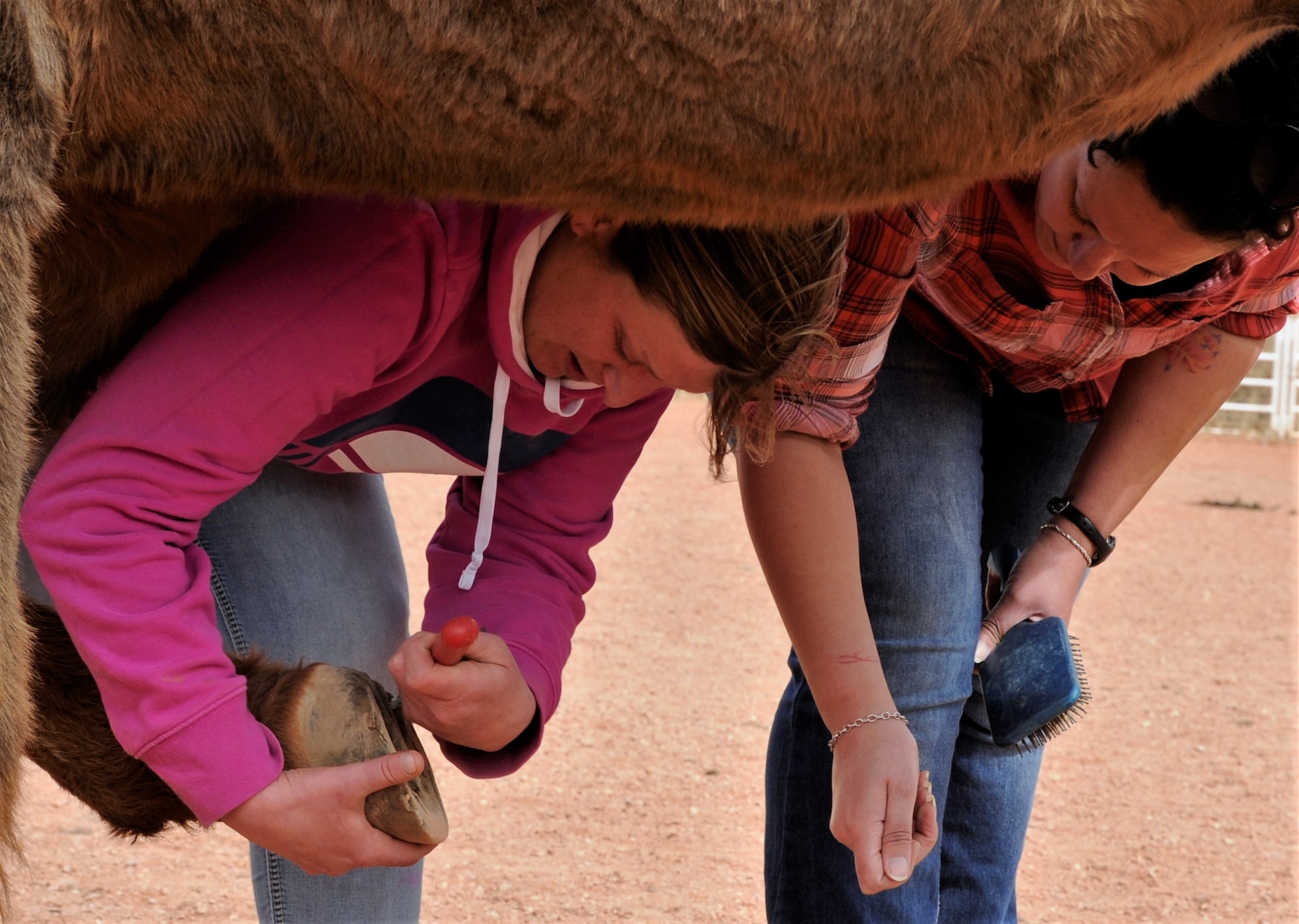 Tech. Sgt. Tanesha Fierro, right, a 34th Aeromedical Evacuation Squadron aviation resource manager, teaches a patient how to clean a horse’s hoof during an equine therapy session at the Norris Penrose Events Center in Colorado Springs, Colorado, April 4, 2018.