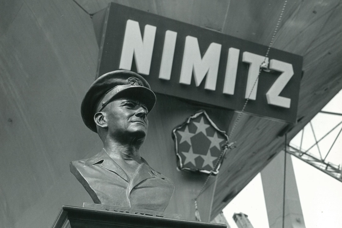 A photo showing the  bust of Navy Fleet Adm. Adm. Chester W. Nimitz.