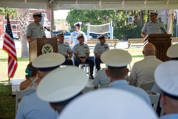 Capt. John Reed, commanding officer of Coast Guard Sector Charleston, addresses a crowd during a change of command ceremony, June 22, 2018, in Charleston, S.C. During the ceremony, Senior Chief Justin Longval transferred command of Station Charleston to Senior Chief Brian Martin.