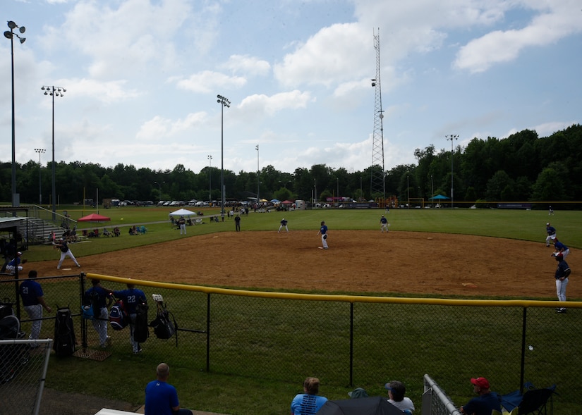 The National Capital Region Air Force softball team plays the final game of the preliminary round of the Armed Services Classic softball tournament at Jericho Park in Bowie, Md., June 23, 2018. After the preliminary games, the top two teams in the tournament go on to compete in a championship game as part of Major League Baseball's All-Star Week. (U.S. Air Force photo by Senior Airman Abby L. Richardson)