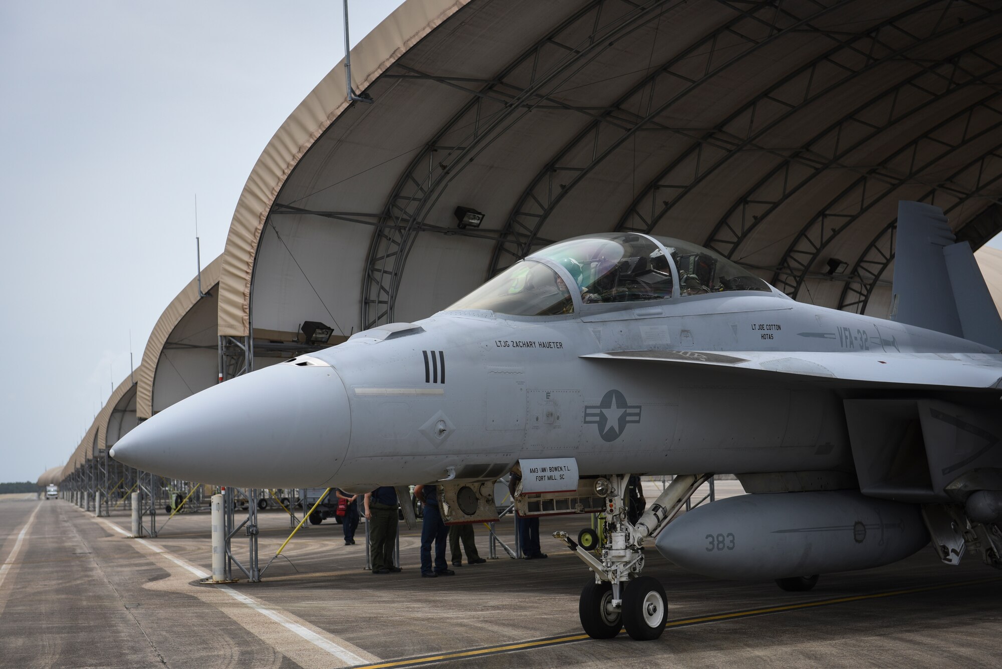 An F/A-18 assigned to Strike Fighter Squadron (VFA) 32 taxis to the runway during training June 18,2018, at Eglin Air Force Base, Fla. The VFA-32 sends their pilots and maintainers to train at different bases to add to their training value. (U.S. Air Force photo by Airman 1st Class Daniella Peña-Pavao)