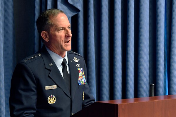 Air Force Chief of Staff Gen. David L. Goldfein talks about the actions taken by Lt. Col Daniel Finnegan during the Kolligian Trophy presentation in the Pentagon, Arlington, Va., June 25, 2018. (U.S. Air Force photo by Wayne A. Clark)