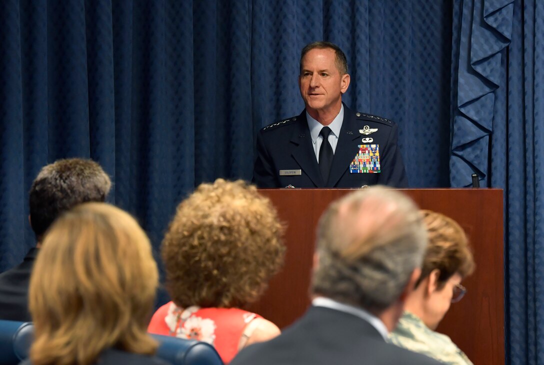 Air Force Chief of Staff Gen. David L. Goldfein talks about the actions taken by Lt. Col Daniel Finnegan during the Kolligian Trophy presentation in the Pentagon, Arlington, Va., June 25, 2018. (U.S. Air Force photo by Wayne A. Clark)