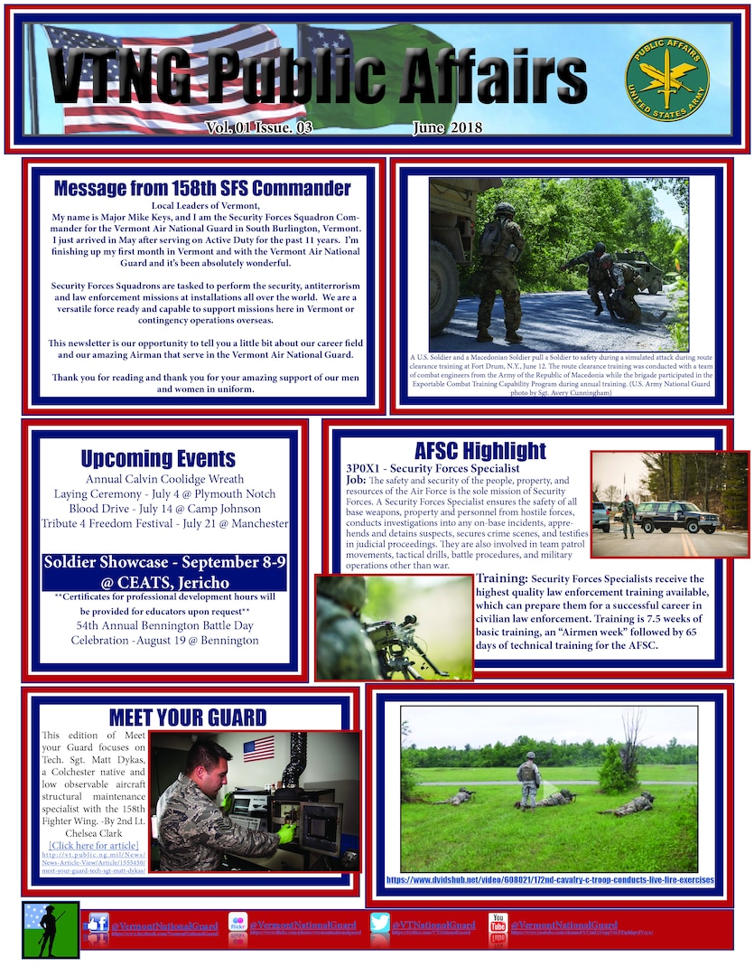 The June newsletter focuses on the 158th Security Forces Squadron, promotions, Meet your Guard, and a video of the month.