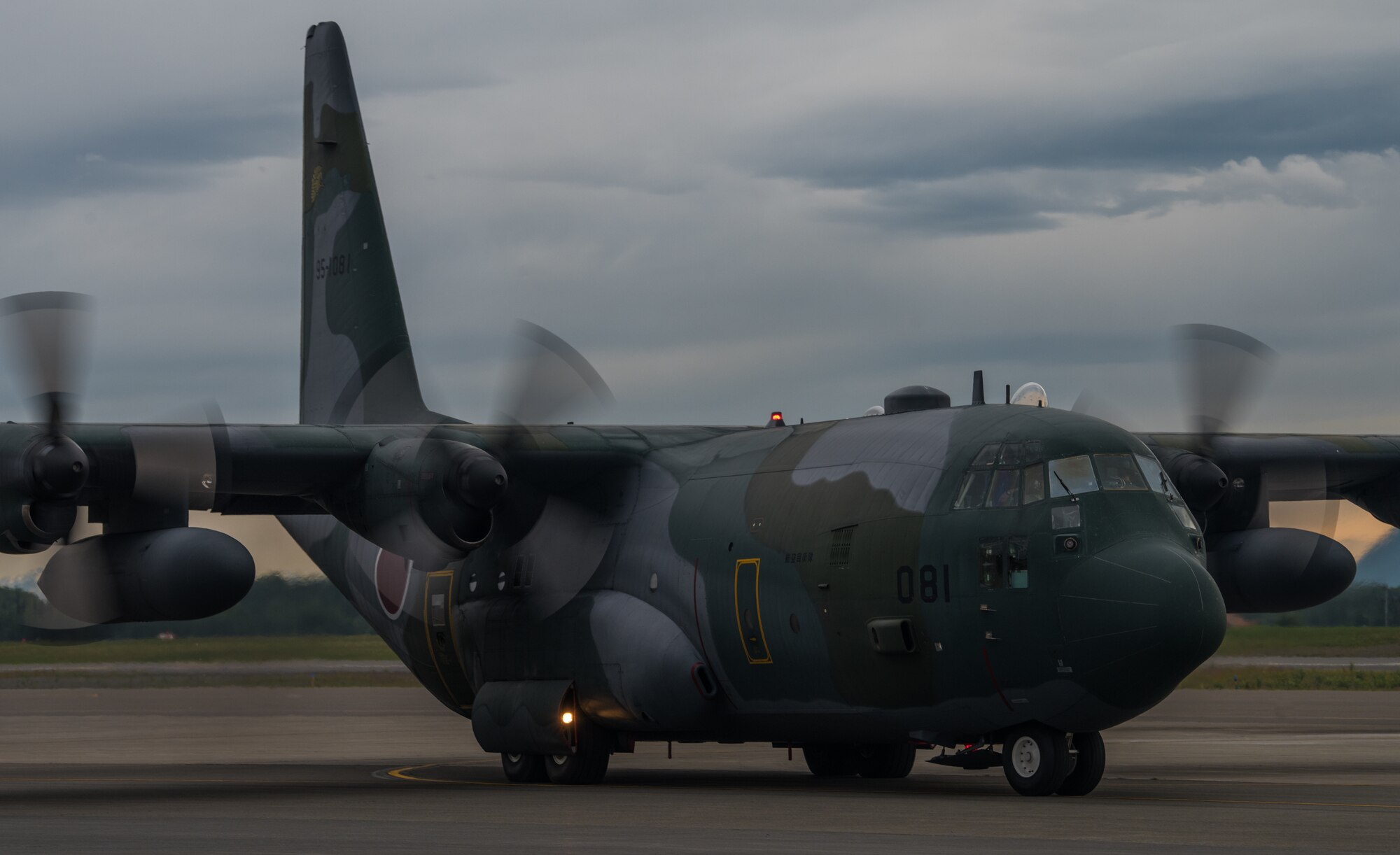 A Japan Air Self-Defense Force C-130H Hercules from Hamamatsu Air Base, Japan, taxis down the flightline during Red Flag-Alaska 18-2 operations at Joint Base Elmendorf-Richardson, Alaska, June 21, 2018. RF-A is Pacific Air Forces’ premier air combat exercise, and provides joint offensive counter-air, interdiction, close air support and large-force employment training in a simulated combat environment. Red Flag-Alaska exercises take place in the Joint Pacific Alaska Range Complex over Alaska. The entire airspace is made up of extensive military operations areas, special-use airspace, and ranges, for a total airspace of more than 67,000 square miles.