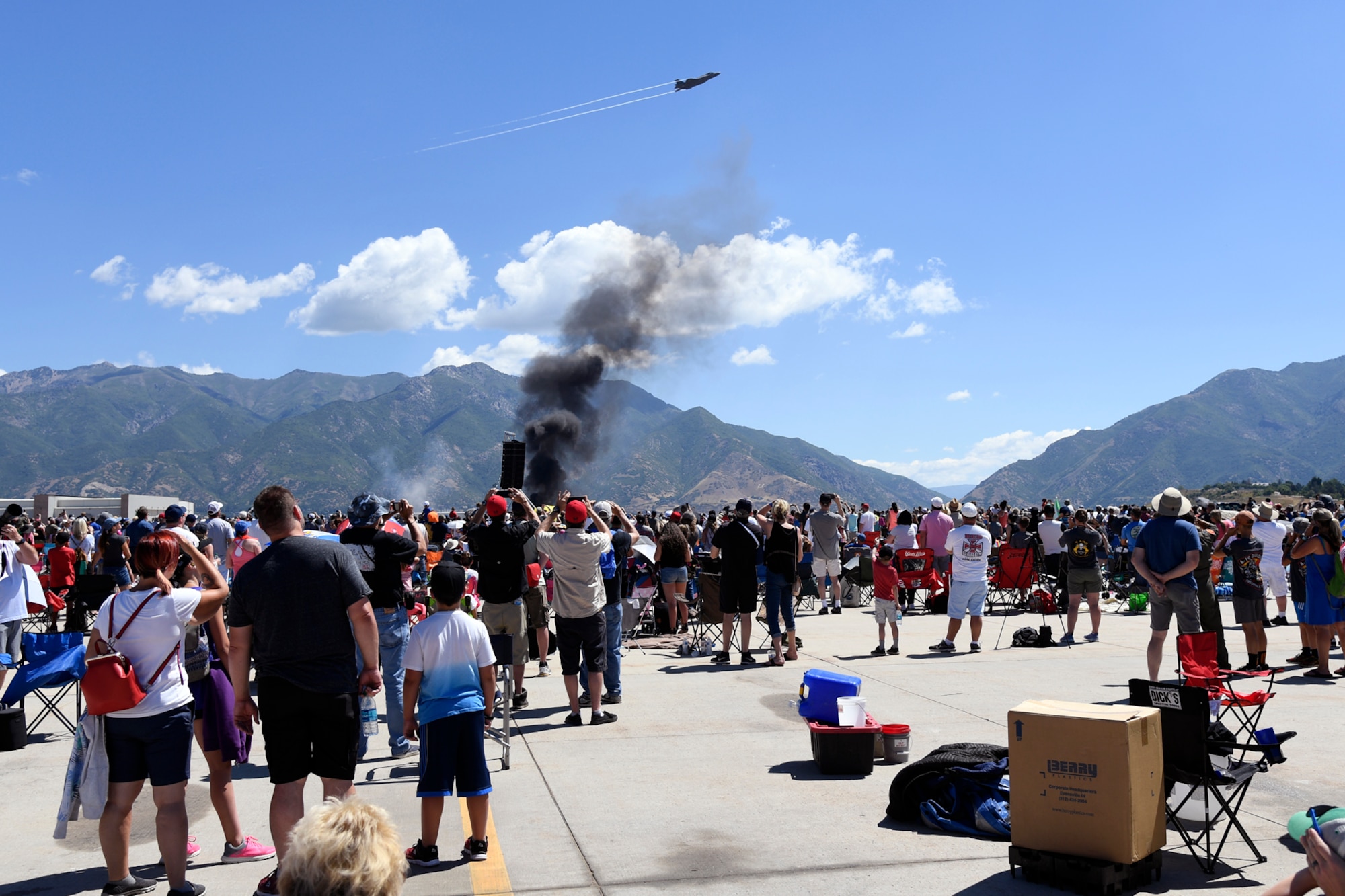 An F-35A from the 388th Fighter Wing flies above the Warriors Over the Wasatch Air and Space Show June 24, 2018, at Hill Air Force Base, Utah. The jet was one of four that took part in an F-35 attack demonstration during the Hill Air Show June 23-24. (U.S. Air Force photo by Todd Cromar)