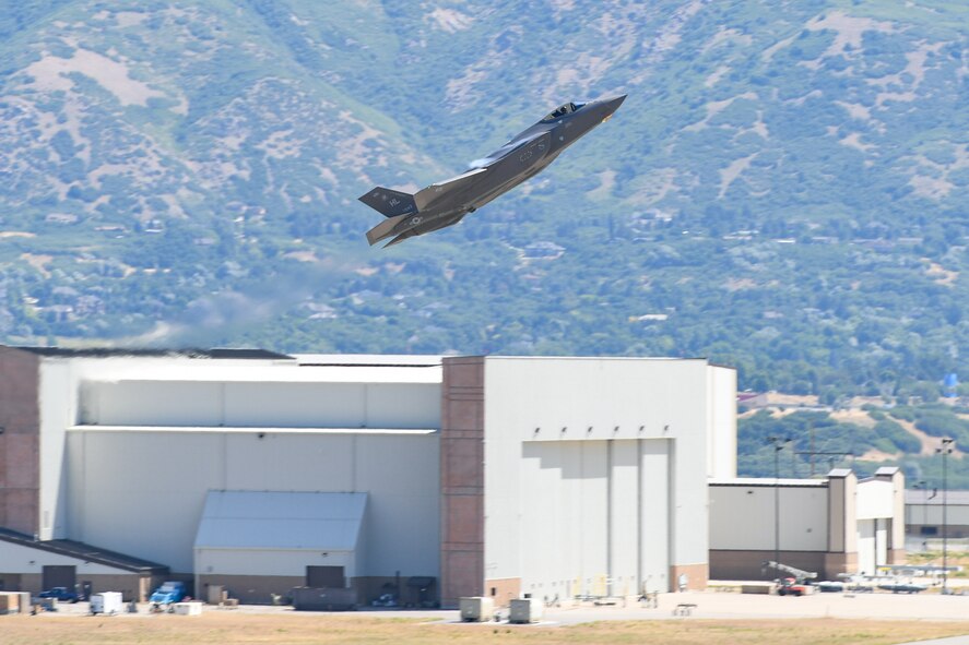 An F-35A Lightning II from the 388th Fighter Wing flies above the Warriors Over the Wasatch Air and Space Show June 23, 2018, at Hill Air Force Base, Utah. The jet was one of four that were part of an F-35 attack demonstration June 23-24. (U.S. Air Force photo by Cynthia Griggs)