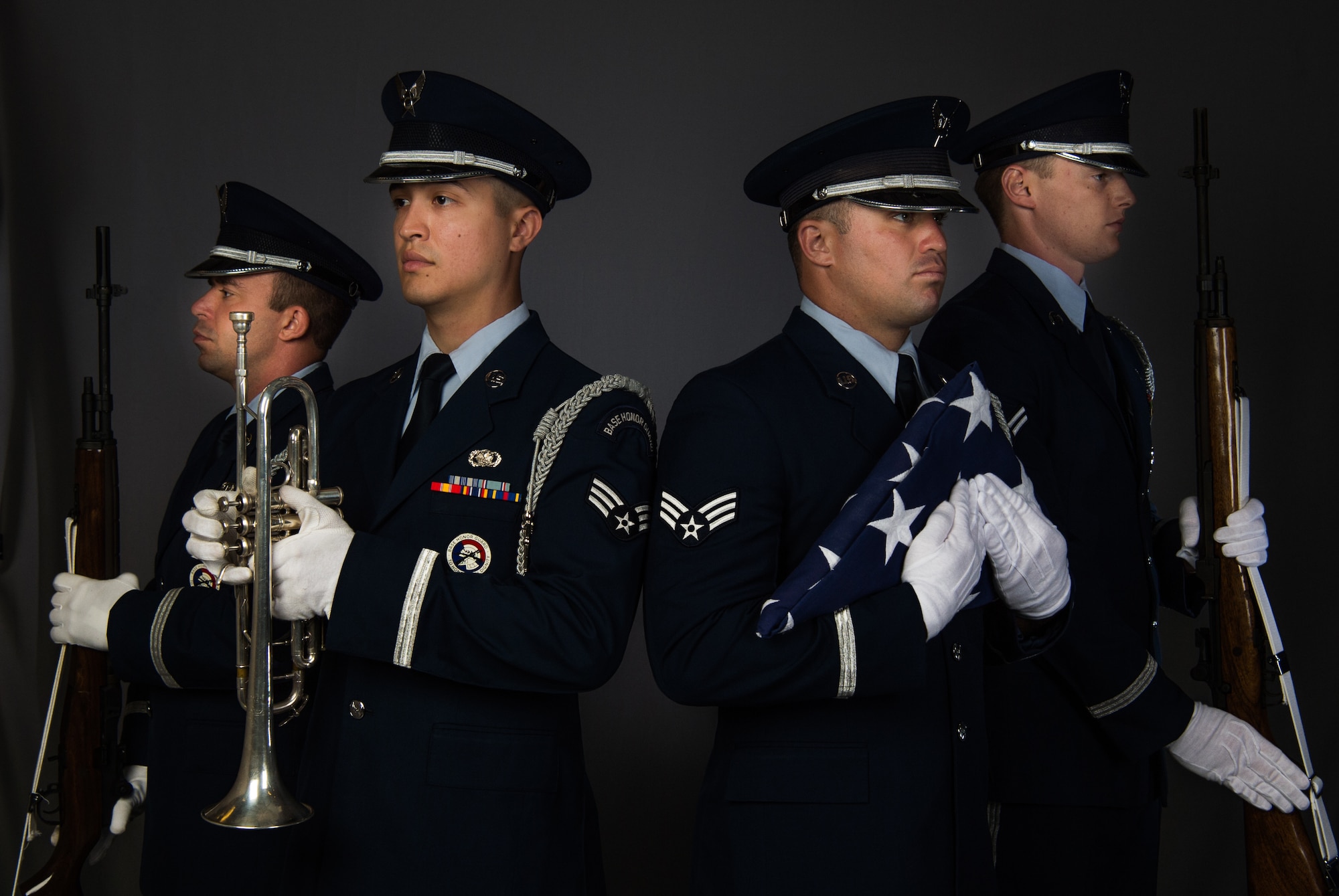 U.S. Air Force Senior Airman Blake Hendricks, 1st Operations Support Squadron supply management specialist; Senior Airman Gabriel Fox, 439th Supply Chain Operations Squadron supply management specialist; Senior Airman John Stone Jr., 438th Supply Chain Operations Squadron supply management specialist;  and Airman 1st Class Christopher Clement, 633rd Communications Squadron communications specialist, recently travelled to Puerto Rico to perform funeral services for eight of the nine Puerto Rico National Guardsmen killed in a May 2, 2018 aircraft mishap.