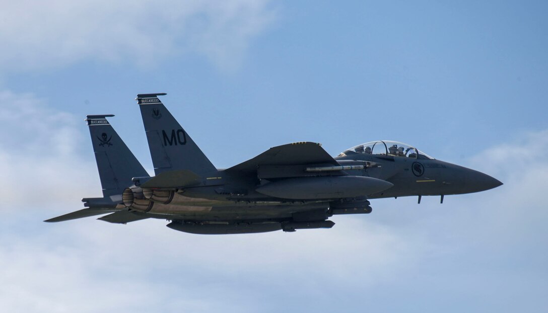 Image of an F-15E Strike Eagle flies during Red Flag Alaska, June 21, 2018, at Eielson Air Force Base, Alaska. The 428th Fighter Squadron participated in Red Flag to further enhance combat adversary training skills. (U.S. Air Force photo by Senior Airman Alaysia Berry)