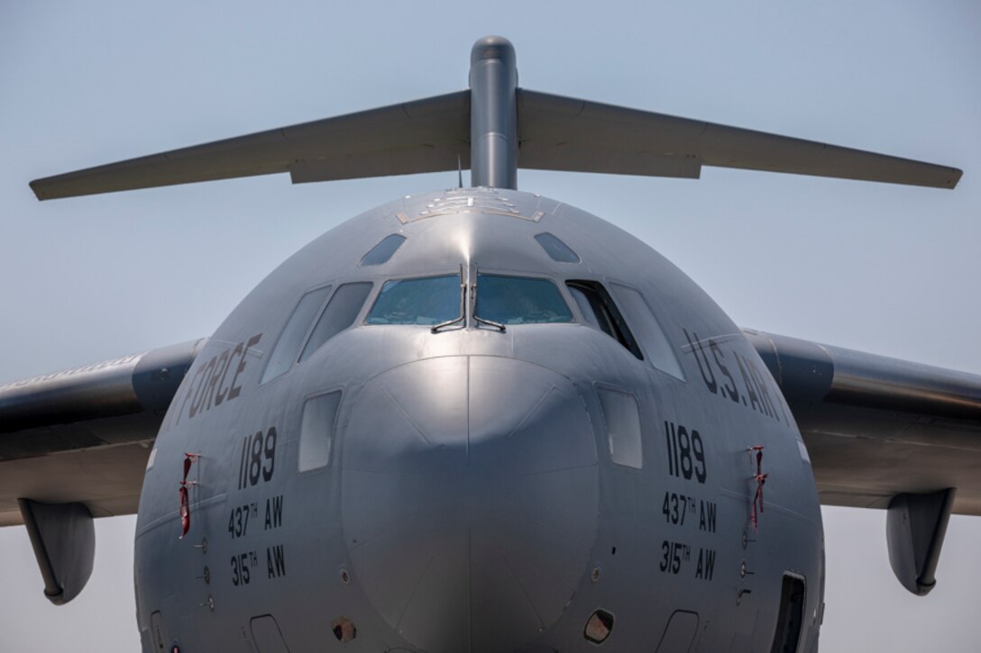 A C-17 Globemaster III assigned to the 437th Airlift Wing, sits on the flightline