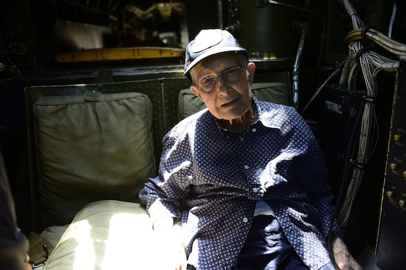 Donald D. Nesbit, a World War II veteran, sits in the cockpit of a B-25 bomber June 22, 2018, at Hill Air Force Base, Utah. The bomber was on display for the Warriors Over the Wasatch Air and Space Show. (U.S. Air Force photo by David Perry)