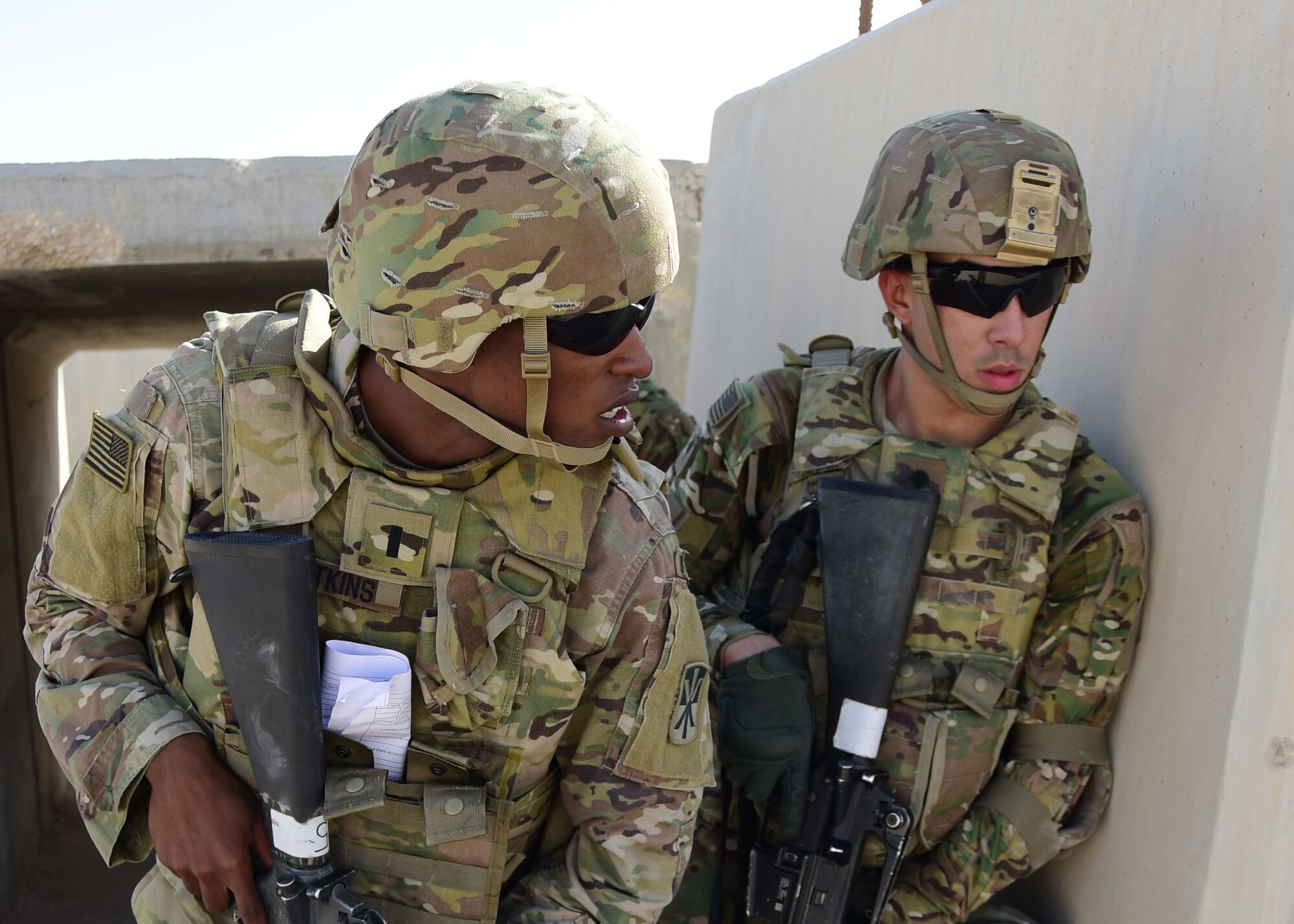U.S. Army 1st Lt. Latrell Watkins, Echo Company executive officer, 5-52 Air Defense Artillery, looks forward during situational exercise training as part of a Best Warrior Competition, June 19, 2018, at Al Udeid Air Base, Qatar. The competition put soldiers to the test mentally and physically over a three-day competition. (U.S. Air Force photo by Staff Sgt. Caitlin Conner)