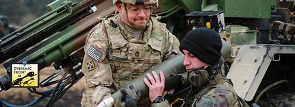 U.S. Army Sgt. First Class Esequiel Moreno of the Joint Multinational Readiness Center Vampire Observer Trainer Coach Team load a Caesar 155 mm, 52 caliber wheeled gun during Exercise Dynamic Front 18 at the 7th Army Training Command in Grafenwoehr, Germany, March 6, 2018.