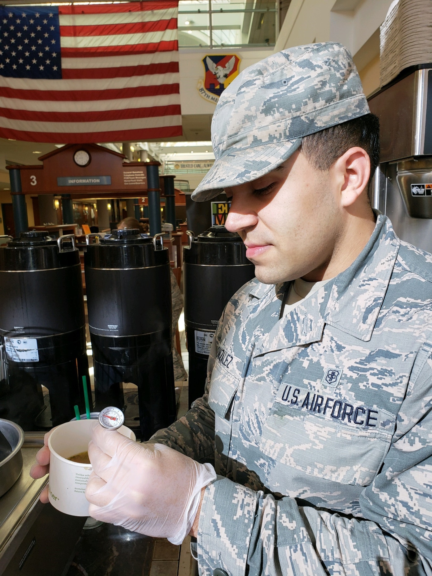 Public Health Technician SrA Nicholas Gonzalez from the 87th MDG JB-MDL.
Observing food temperatures as part of a routine food facility inspection.