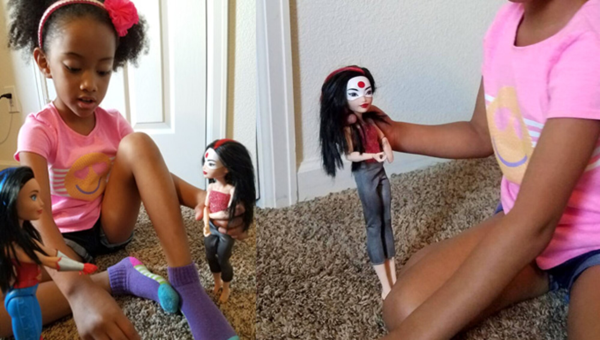 Jasmine (Jazzy), daughter of U.S. Air Force Tech. Sgt. Carmen Mena-Flores, NRO Operations Squadron Commander’s Support Staff, plays with her dolls while at home in Colorado Springs, Colorado, June 26, 2018. Jazzy recently attended the 2018 Warrior Games at the U.S. Air Force Academy where she learned about our nation’s wounded, ill and injured service members; since, she has embraced a new normal and happily plays with what she calls her “wounded warrior doll” that is missing a hand. (Courtesy photo)