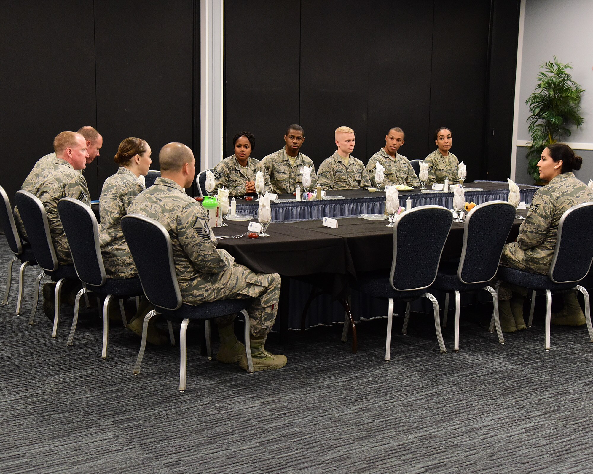U.S. Air Force Chief Master Sgt. Juliet Gudgel, command chief of Air Education and Training Command, eats lunch with Team BLAZE’s top performing Airmen, at Columbus Air Force Base, Mississippi, June 21, 2018. Gudgel spoke to the Airmen about future plans for AETC and asked them for feedback on new projects. (U.S. Air Force photo by Elizabeth Owens)