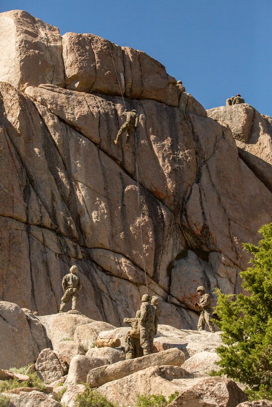 Marines with 2nd Battalion, 24th Marine Regiment, 23rd Marines, 4th Marine Division, rappel down a cliffside during Mountain Exercise 3-18, at Mountain Warfare Training Center, Bridgeport, Calif., June 22, 2018.
