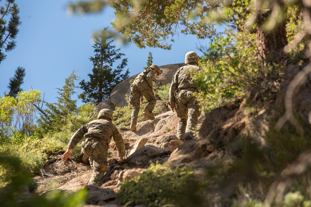 Marines with 2nd Battalion, 24th Marine Regiment, 23rd Marines, 4th Marine Division, hike up to a rally point to rappel down a cliffside, during Mountain Exercise 3-18, at Mountain Warfare Training Center, Bridgeport, Calif., June 22, 2018.