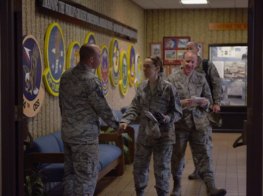 U.S. Air Force Master Sgt. Joshua Matias, 14th Operations Group tower chief air traffic controller, meets Chief Master Sgt. Juliet Gudgel, command chief of Air Education and Training Command, at Columbus Air Force Base, Mississippi, June 21, 2018. Matias and 11 others were awarded the 2018 Outstanding Airman of the Year Award by the Air Force Association. (U.S Air Force photo by Airman 1st Class Keith Holcomb)