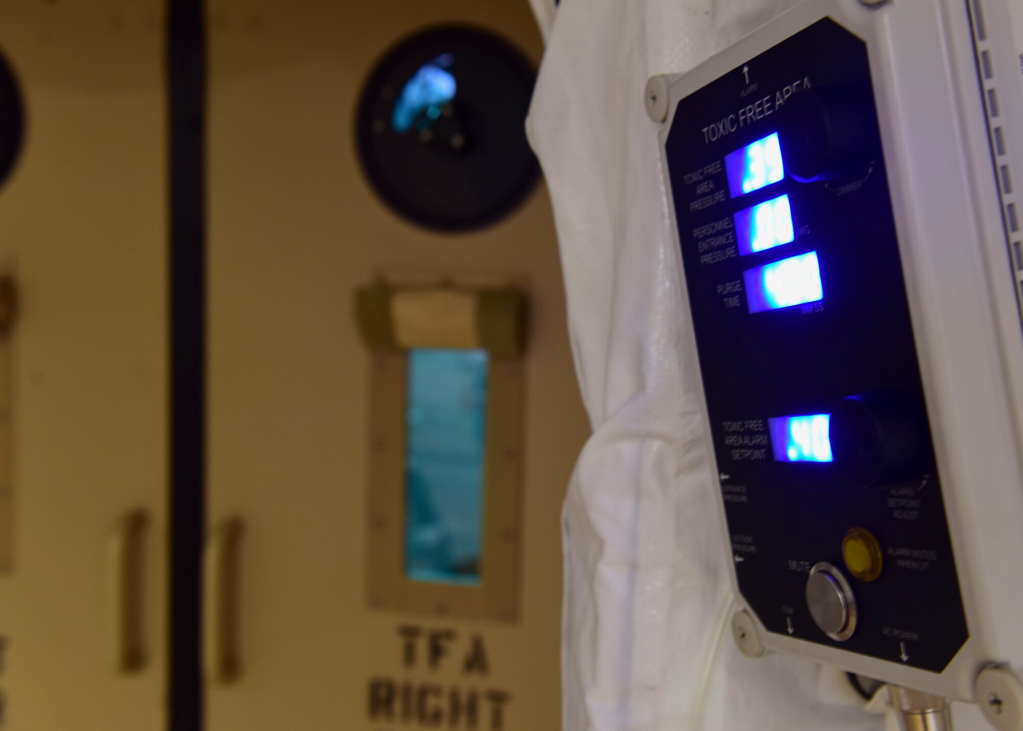 Collective protection equipment displays air status at Joint Base Langley-Eustis, Virginia, June 20, 2018. A new feature demonstrated during the Expeditionary Medical Systems exercise enables medical personnel to work in an over-pressurized, toxic-free environment without the need for full Mission Oriented Protective Posture. (U.S. Air Force photo by Airman 1st Class Monica Roybal)