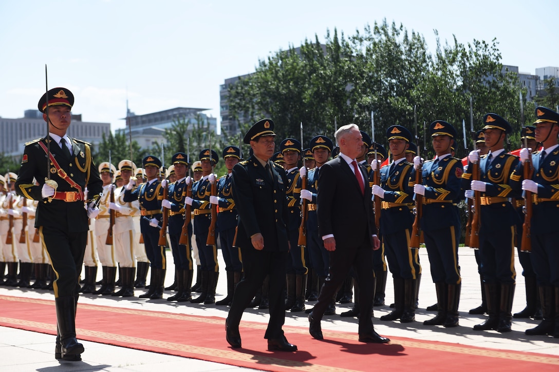 Defense Secretary James N. Mattis officially meets China’s Minister of National Defense Wei Fenghe and performs a pass and review of the troops.