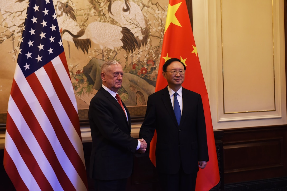Defense Secretary James N. Mattis official meets Politburo Member Yang Jiechi.