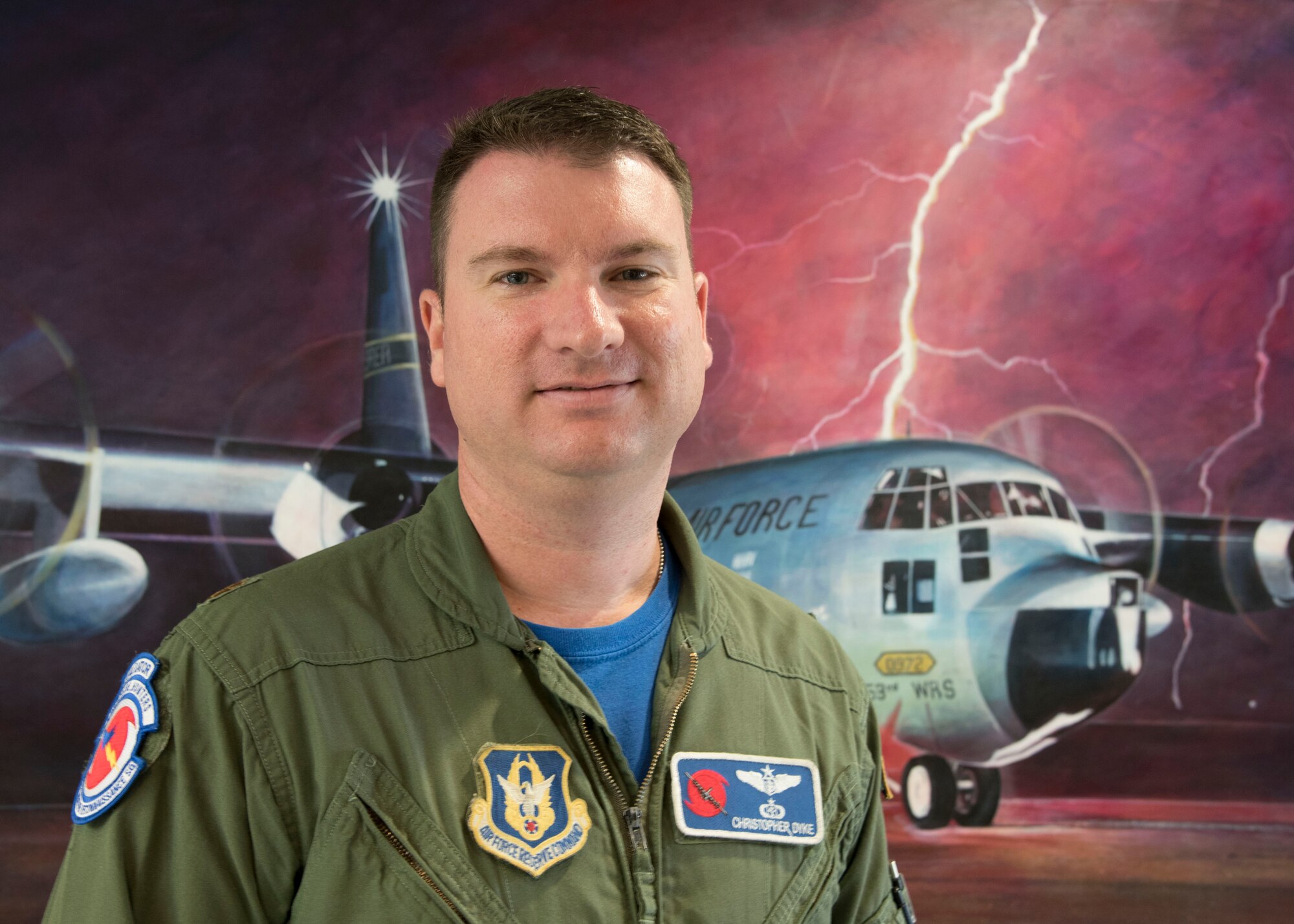 Maj. Christopher Dyke is an aerial reconnaissance weather officer in the 53rd Weather Reconnaissance Squadron, an Air Force Reserve unit in the 403rd Wing, Keesler Air Force Base, Mississippi. Dyke has flown 337 sorties and has more than 1,200 flight hours gathering information that improves National Hurricane Center forecasts and storm warnings, which helps to ensure public safety. (U.S. Air Force photo/Maj. Marnee A.C. Losurdo)