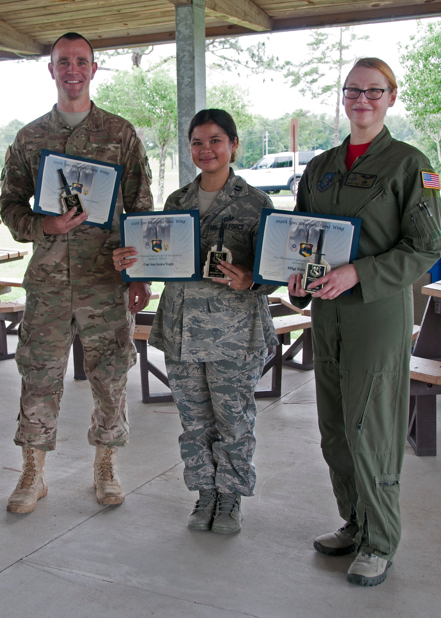 The 919th Special Operations Wing’s Airmen of the Quarter, second quarter, display their awards during a ceremony honoring their outstanding achievements June 15, 2018 at Duke Field, Fla.