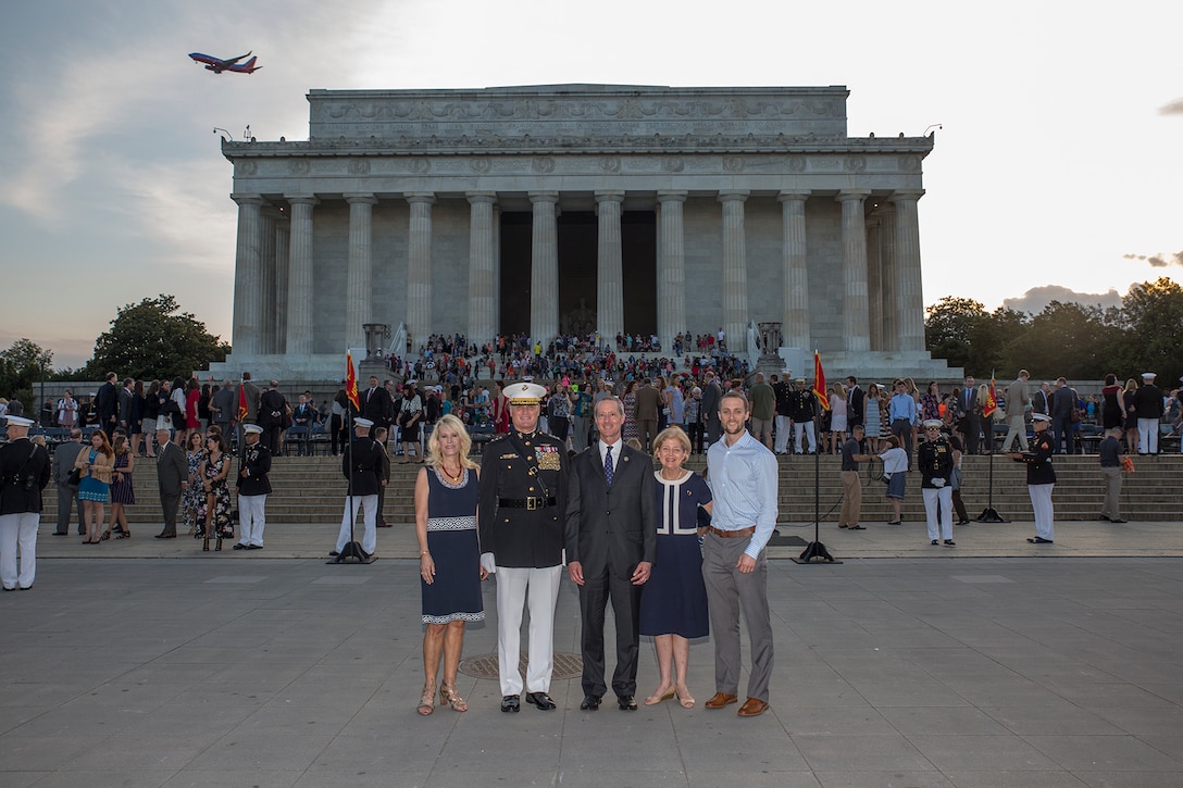 The official party for the Tuesday Sunset Parade poses for a photo at the conclusion of the ceremony at the Lincoln Memorial, Washington D.C., June 26, 2018. The guest of honor for the parade was the Honorable William McClellan Thornberry, Texas’ 13th Congressional District Congressman, and the hosting official was Lt. Gen. Steven R. Rudder, deputy commandant, aviation, headquarters Marine Corps. (Official U.S. Marine Corps photo by Sgt. Robert Knapp/Released)