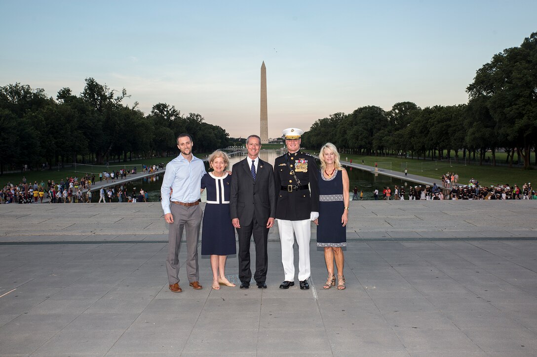 The official party for the Tuesday Sunset Parade poses for a photo at the conclusion of the ceremony at the Lincoln Memorial, Washington D.C., June 26, 2018. The guest of honor for the parade was the Honorable William McClellan Thornberry, Texas’ 13th Congressional District Congressman, and the hosting official was Lt. Gen. Steven R. Rudder, deputy commandant, aviation, headquarters Marine Corps. (Official U.S. Marine Corps photo by Sgt. Robert Knapp/Released)