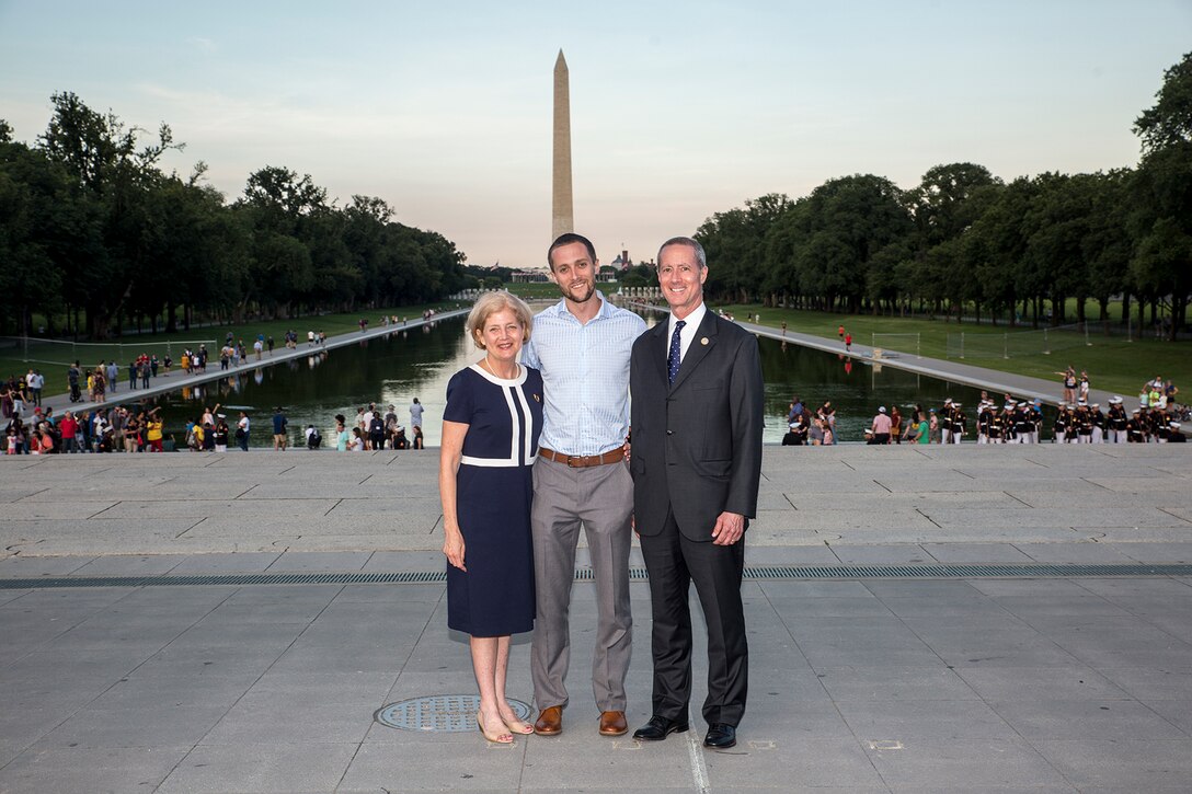The Honorable William McClellan Thornberry, Texas’ 13th Congressional District Congressman, and his wife and son pose for a photo at the conclusion of a Tuesday Sunset Parade at the Lincoln Memorial, Washington D.C., June 26, 2018. Thornberry was the guest of honor for the parade and the hosting official was Lt. Gen. Steven R. Rudder, deputy commandant, aviation, headquarters Marine Corps. (Official U.S. Marine Corps photo by Sgt. Robert Knapp/Released)
