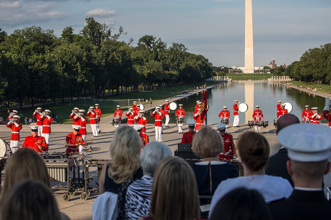 Marines with “The Commandant’s Own” U.S. Marine Drum & Bugle Corps perform a musical ballad during a Tuesday Sunset Parade at the Lincoln Memorial, Washington D.C., June 26, 2018. The guest of honor for the parade was the Honorable William McClellan Thornberry, Texas’ 13th Congressional District Congressman, and the hosting official for the parade was Lt. Gen. Steven R. Rudder, deputy commandant, aviation, headquarters Marine Corps. (Official U.S. Marine Corps photo by Sgt. Robert Knapp/Released)