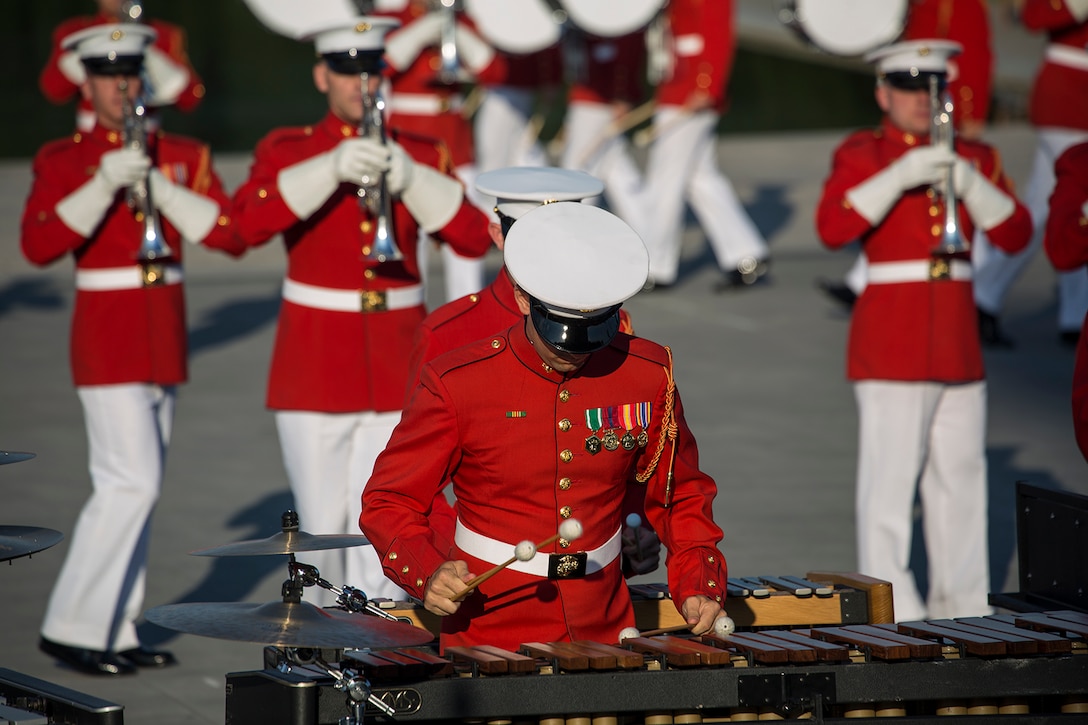 Marines with “The Commandant’s Own” U.S. Marine Drum & Bugle Corps front ensemble perform a musical ballad during a Tuesday Sunset Parade at the Lincoln Memorial, Washington D.C., June 26, 2018. The guest of honor for the parade was the Honorable William McClellan Thornberry, Texas’ 13th Congressional District Congressman, and the hosting official for the parade was Lt. Gen. Steven R. Rudder, deputy commandant, aviation, headquarters Marine Corps. (Official U.S. Marine Corps photo by Sgt. Robert Knapp/Released)