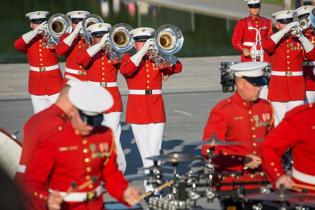 Marines with “The Commandant’s Own” U.S. Marine Drum & Bugle Corps perform a musical ballad during a Tuesday Sunset Parade at the Lincoln Memorial, Washington D.C., June 26, 2018. The guest of honor for the parade was the Honorable William McClellan Thornberry, Texas’ 13th Congressional District Congressman, and the hosting official for the parade was Lt. Gen. Steven R. Rudder, deputy commandant, aviation, headquarters Marine Corps. (Official U.S. Marine Corps photo by Sgt. Robert Knapp/Released)