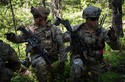 U.S. Army Alaska infantrymen from the 1st Stryker Brigade Combat Team, 25th Infantry Division, and Japan Ground Self-Defense Force soldiers from the 1st Airborne Brigade
execute platoon movement-to-contact and support-by-fire operations during Exercise Arctic Aurora at Joint Base Elmendorf-Richardson, Alaska, June 14, 2018. Arctic Aurora is an annual bilateral training exercise involving elements of U.S. Army Alaska and the JGSDF which focuses on strengthening ties between the two nations by executing combined small-unit airborne proficiency operations and basic small-arms marksmanship.
