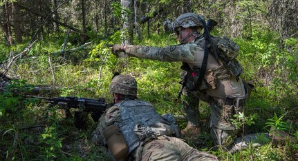 U.S. Army Alaska infantrymen from the 1st Stryker Brigade Combat Team, 25th Infantry Division, and Japan Ground Self-Defense Force soldiers from the 1st Airborne Brigade
execute platoon movement-to-contact and support-by-fire operations during Exercise Arctic Aurora at Joint Base Elmendorf-Richardson, Alaska, June 14, 2018. Arctic Aurora is an annual bilateral training exercise involving elements of U.S. Army Alaska and the JGSDF which focuses on strengthening ties between the two nations by executing combined small-unit airborne proficiency operations and basic small-arms marksmanship.
