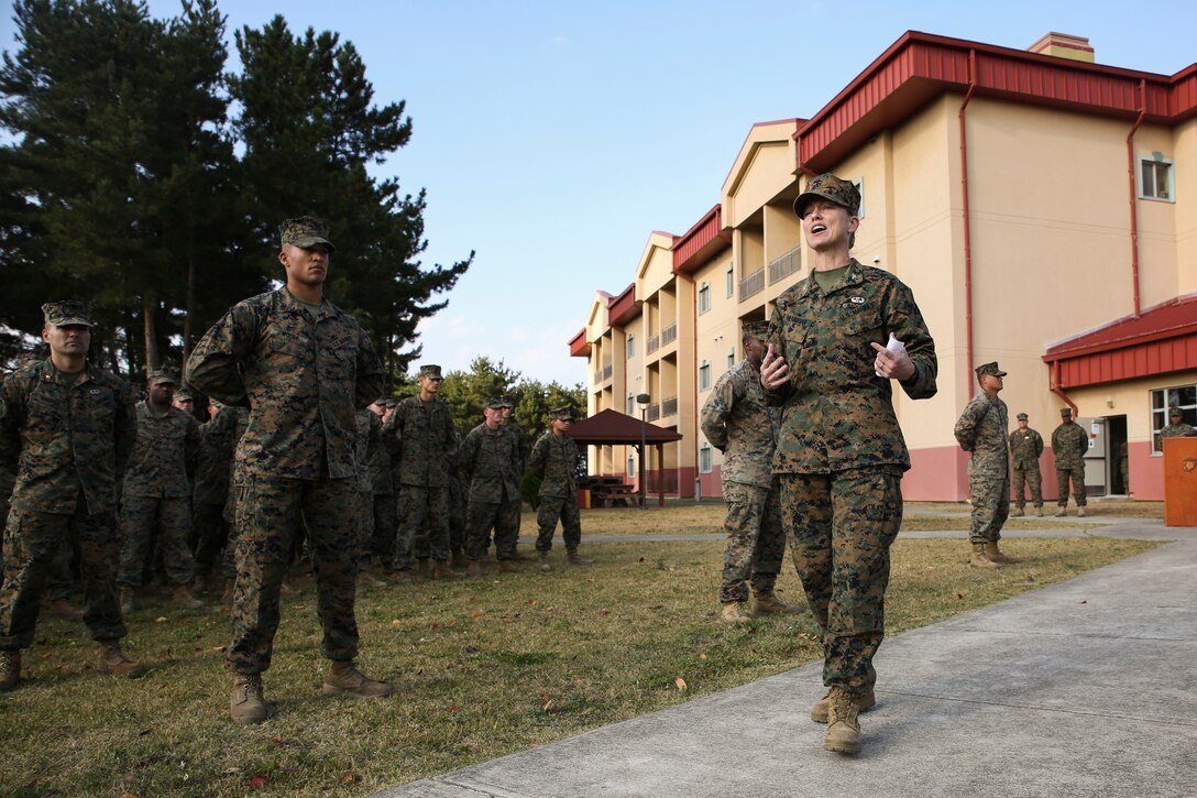 Col. Maura Hennigan, commanding officer of Combat Logistics Regiment 3, 3d Marine Logistics Group, addresses the regiment during a ceremony Nov. 10, 2017 for the 242nd Marine Corps birthday at Camp Mujuk, Pohang, South Korea. CLR-3 conducted the ceremony during Exercise Winter Workhorse 17/Korean Marine Exchange program 18.1. KMEP 18.1 demonstrates 3d MLG's continued commitment to the Republic of Korea MLG and the partnership between the two nations' militaries. (U.S. Marine Corps photo by Sgt. Tiffany Edwards)