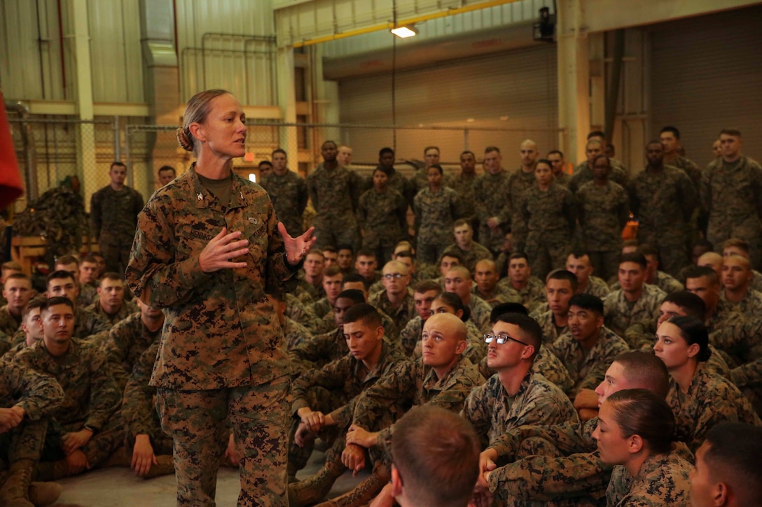 Col. Maura M. Hennigan, commanding officer of Combat Logistics Regiment 3 (CLR-3), 3d Marine Logistics Group, III Marine Expeditionary Force, speaks to Marines and Sailors of CLR-3, 3rd Transportation Support Battalion and 3rd Medical Battalion during a regimental formation Oct. 17, 2017 at Camp Mujuk, Pohang, Republic of Korea. CLR-3 is conducting bilateral training with the Republic of Korea Marine Corps during Winter Workhorse 17/Korean Marine Exchange Program 18.1.  The purpose of the exercise is to increase interoperability between the ROK Marine Logistics Group and the 3d Marine Logistics Group. (U.S. Marine Corps photo by Sgt. Tiffany Edwards)